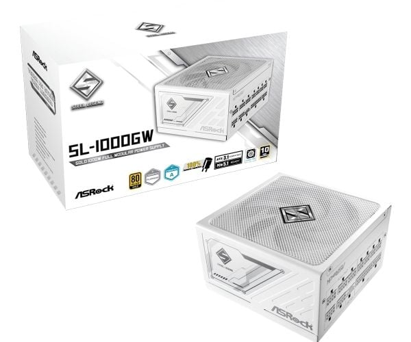 ASRock Steel Legend SL-1000GW - Strømforsyning (intern) - ATX12V 3.1/ EPS12V - 80 PLUS Gold - Cybenetics Platinum - AC 100-240 V - 1000 watt - hvit...
