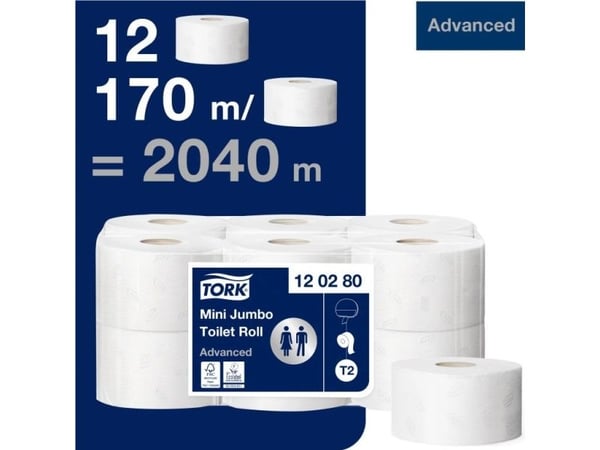 Toalettpapper Tork Advanced Mini Jumbo T2, 2-lagers, 170 m, vit, förpackning med 12 st