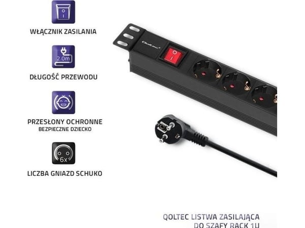 Qoltec - pistorasia (rack-versio) - AC 220-240 V - 3680 Watt - tulo: virta CEE 7/7 - lähtöliittimet: 6 (6 x virta CEE 7/3) - 1U - 19" - 2 m kaapeli...