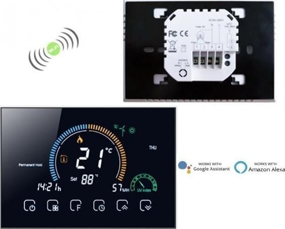 Renov8 Smart Wi-Fi-termostat med farge-LCD for gassfyr med tørrkontakt – kompatibel med 86x86 og rund 60 mm boks