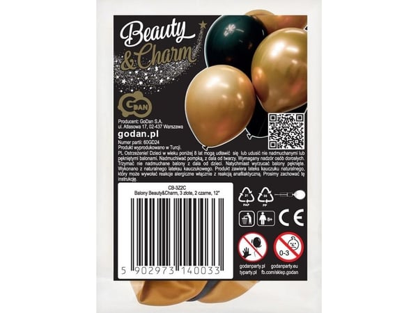 GoDan ballonger Beauty&Charm, 3 gull, 2 svart, 12"