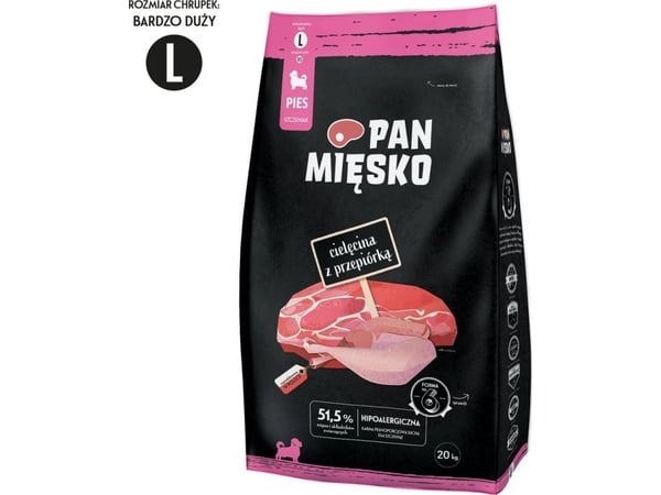 Pan Miesko Karma tørrfôr for hund, kyllingebryst med vaktel, sprø L 20 kg