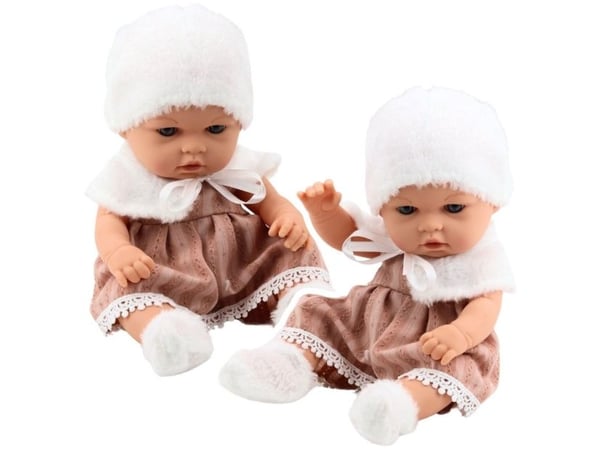 Dukke Bobas beige kjole, lue, krage, sokker