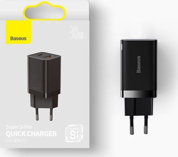 Baseus Super Si Pro snabb laddare USB + USB-C 30W (vit)