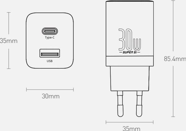Baseus Super Si Pro snabb laddare USB + USB-C 30W (vit)