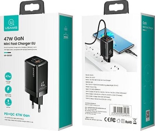 Usams T41-lader 1x USB-A 1x USB-C 3 A (6958444971131)