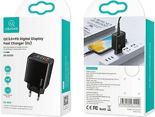USAMS kablet lader 1xUSB-C + 1xUSB T40 20W LED (kun hode) PD3.0 + QC3.0 hurtiglading svart CC133T