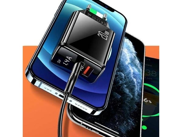 USAMS kablet lader 1xUSB-C + 1xUSB T40 20W LED (kun hode) PD3.0 + QC3.0 hurtiglading svart CC133T