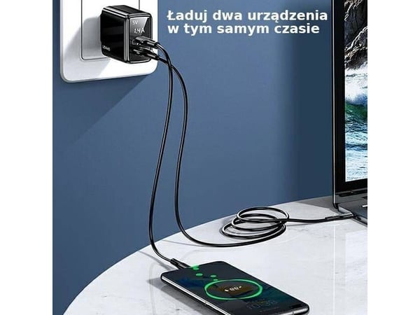 USAMS kablet lader 1xUSB-C + 1xUSB T40 20W LED (kun hode) PD3.0 + QC3.0 hurtiglading svart CC133T