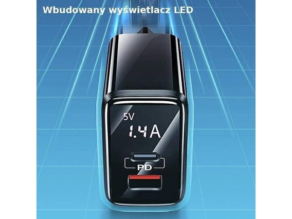 USAMS kablet lader 1xUSB-C + 1xUSB T40 20W LED (kun hode) PD3.0 + QC3.0 hurtiglading svart CC133T