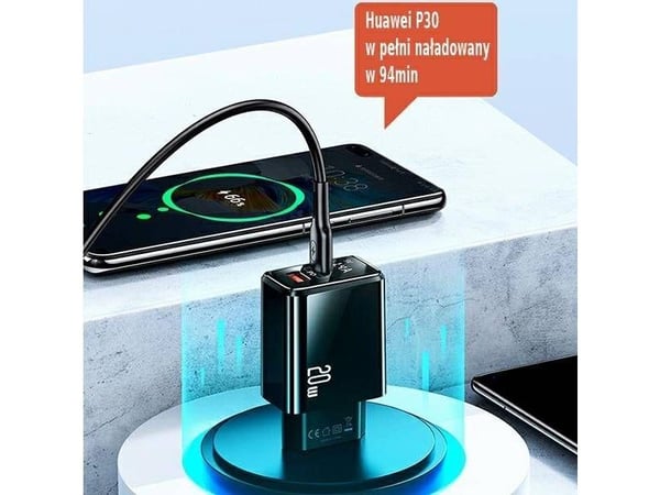 USAMS kablet lader 1xUSB-C + 1xUSB T40 20W LED (kun hode) PD3.0 + QC3.0 hurtiglading svart CC133T