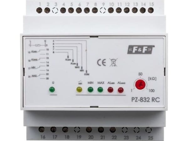F&F Nestetason valvontarele 16/8A 2x2P 1-100kOhm herkkyyden säädöllä PZ-832RC