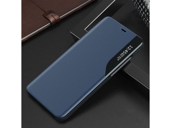 Hurtel Eco Leather View Case elegant deksel med flip-deksel og stativfunksjon for iPhone 13 Pro blå
