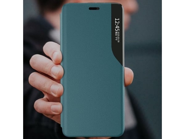 Hurtel Eco Leather View Case elegant deksel med flip-deksel og stativfunksjon for iPhone 13 Pro blå