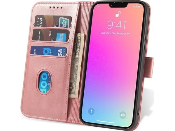 Hurtel Magnet Case elegant deksel med klaff og stativfunksjon for iPhone 13 Pro rosa