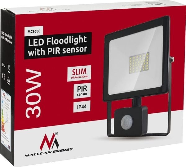 Maclean MCE630 NW LED-valonheitin Maclean liiketunnistimella, ohut 30W, 2400lm, neutraali valkoinen (4000K), IP44, MCE630 NW PIR