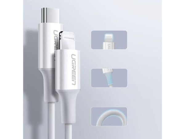 Ugreen kabel MFi USB Type C - Lightning 20W 3A kabel 0,25 m hvit (US171)