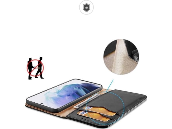 Dux Ducis Hivo i skinn flip-deksel ekte lær lommebok for kort og dokumenter Samsung Galaxy S22+ (S22 Plus) svart