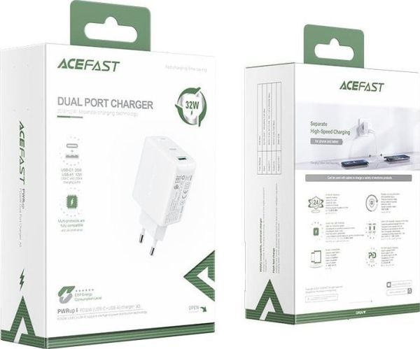 Acefast vegglader USB Type C / USB 32W, PPS, PD, QC 3.0, AFC, FCP hvit (A5 white)
