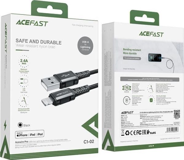 Acefast MFI USB - Lightning kaapeli 1.2m, 2.4A musta (C1-02 musta)