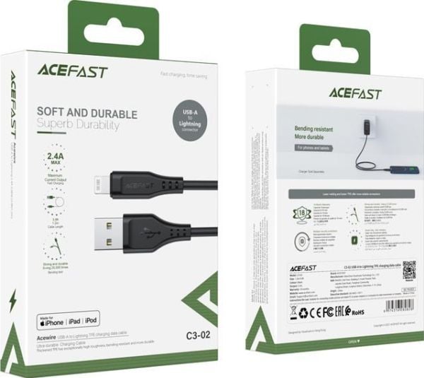 USB-kabel Acefast C3-02 MFi USB-A til Lightning 1,2 m svart (C3-02-A-L svart)