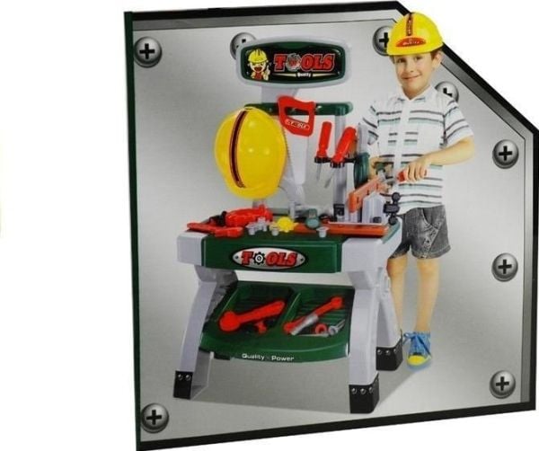 LeanToys verkstedbord med verktøy for hobby + hjelm, sag og skrustikke