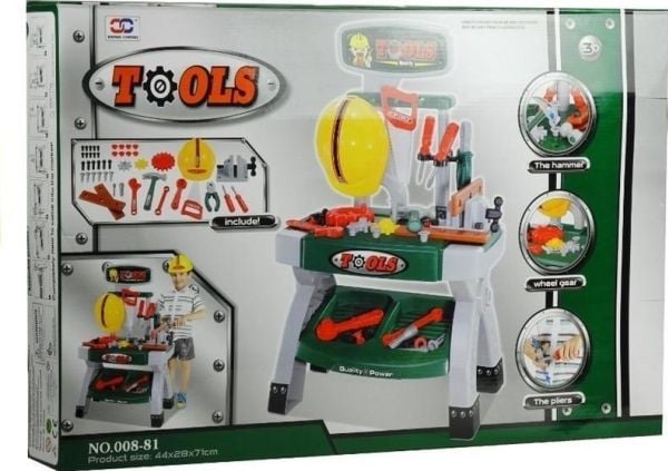 LeanToys verkstedbord med verktøy for hobby + hjelm, sag og skrustikke