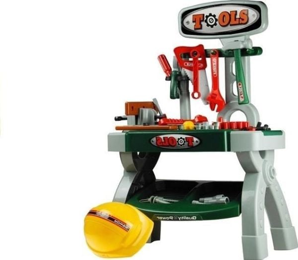 LeanToys verkstedbord med verktøy for hobby + hjelm, sag og skrustikke