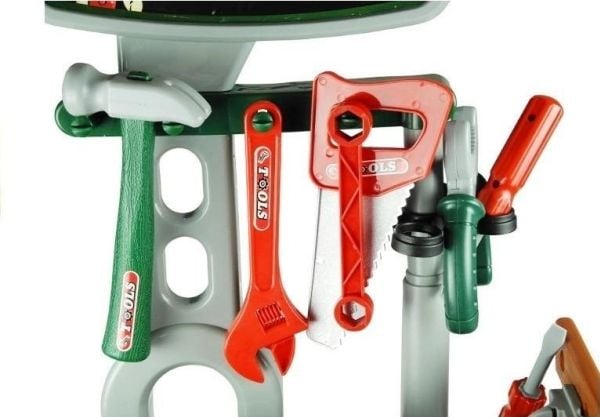 LeanToys verkstedbord med verktøy for hobby + hjelm, sag og skrustikke
