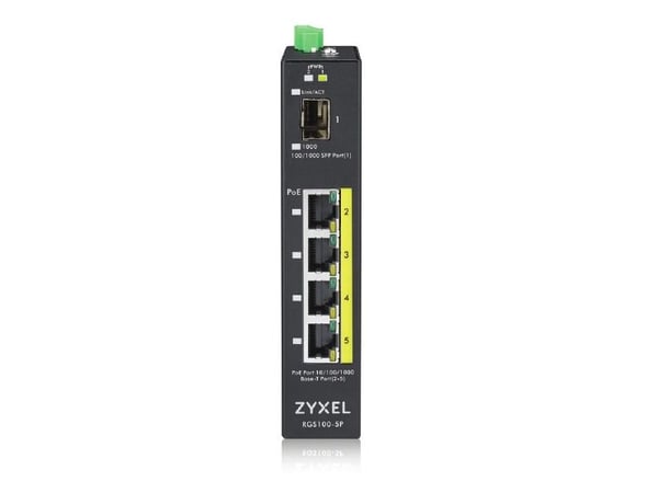 Zyxel RGS100-5P - Switch - ikke-styrt - 4 x 10/100/1000 (PoE+) + 1 x Fast Ethernet/Gigabit SFP - DIN-skinnemonterbar, rackmonterbar - PoE+ (120 W) ...