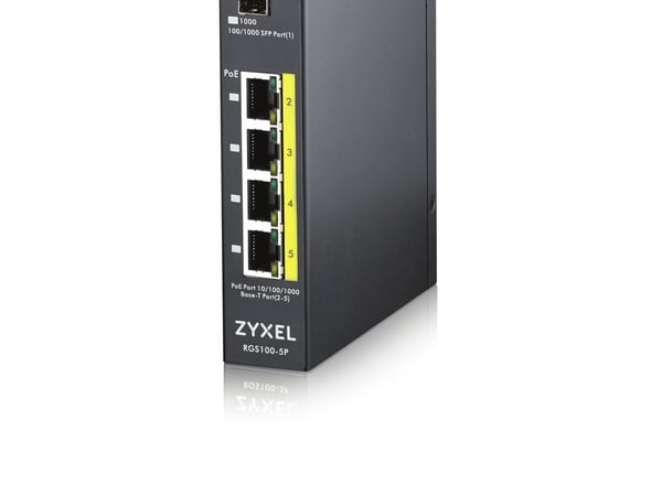 Zyxel RGS100-5P - Switch - ikke-styrt - 4 x 10/100/1000 (PoE+) + 1 x Fast Ethernet/Gigabit SFP - DIN-skinnemonterbar, rackmonterbar - PoE+ (120 W) ...