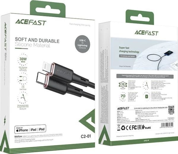 Acefast MFI USB Type C til Lightning-kabel 1,2 m, 30 W, 3 A - svart (C2-01 black)