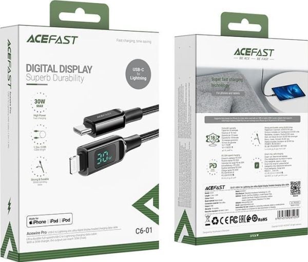 Acefast USB-C til Lightning-kabel 1,2 m svart (6974316281030)