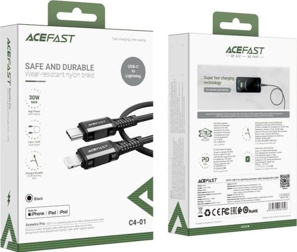 Acefast MFI kaapeli USB Type C - Lightning 1.8m, 30W, 3A musta (C4-01 C Black)