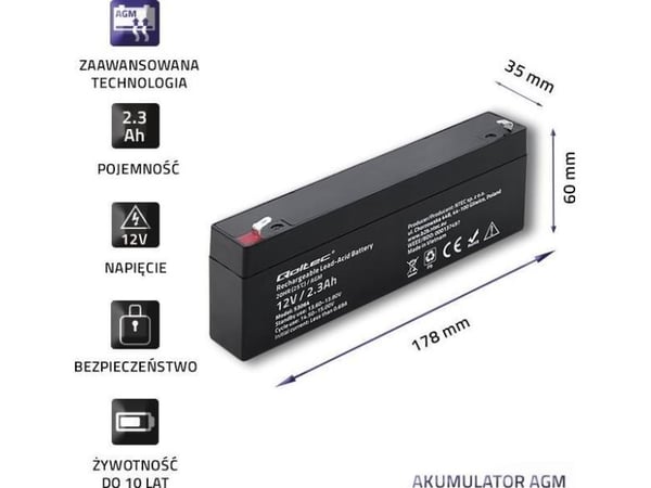 Qoltec Qoltec AGM battery | 12V | 2.3Ah | max. 34.5A