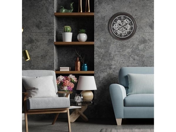 Vilde veggklokke rundt svart/sølv med synlig mekanisme, tannhjul, loft 35 cm
