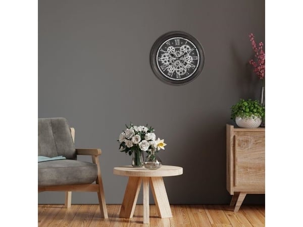 Vilde veggklokke rundt svart/sølv med synlig mekanisme, tannhjul, loft 35 cm