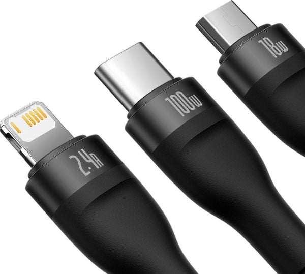 Baseus Flash Series USB 3-i-1: USB-C + micro USB + Lightning, 100 W, 1,2 m (svart)