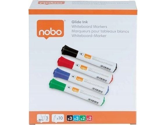 Nobo Glide whiteboardpenner, rund tupp, pakke med 10 stk., 10 stykker, Assorterte farger, Projektil spiss, Rund, 2 mm, Voksen/Barn