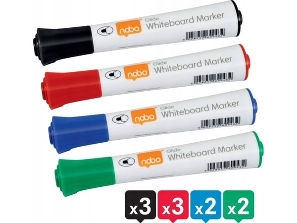 Nobo Glide whiteboardpenner, rund tupp, pakke med 10 stk., 10 stykker, Assorterte farger, Projektil spiss, Rund, 2 mm, Voksen/Barn