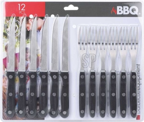 BBQ tilbehørsett til biffer/burgere kniver gafler 12 deler universell