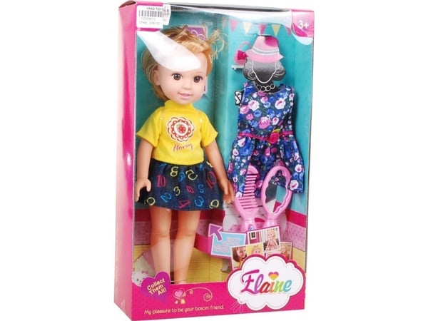 Stor stylingdukke for barn 3+ blonde + 2 antrekk + kam + speil