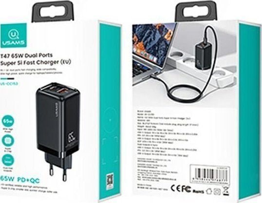 USAMS lader 1xUSB-C + 1xUSB-A 65W (kun hode) PD hurtiglading Super Si svart CC153TC01(US-CC153)