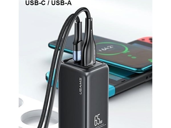 USAMS lader 1xUSB-C + 1xUSB-A 65W (kun hode) PD hurtiglading Super Si svart CC153TC01(US-CC153)