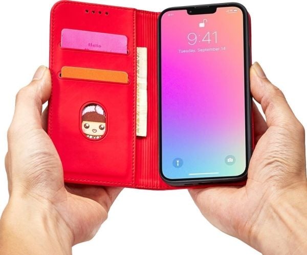 Hurtel Magnet Card Case-deksel til iPhone 13 Pro Max, deksel, kortlommebok, kortstativ, rød