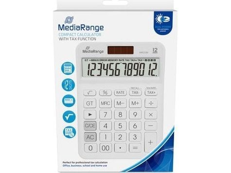 MEDIARANGE MROS191 - Pöytälaskin - Yksinkertainen laskin - 12 numeroa - Paristo/aurinkolaskin - Valkoinen väri