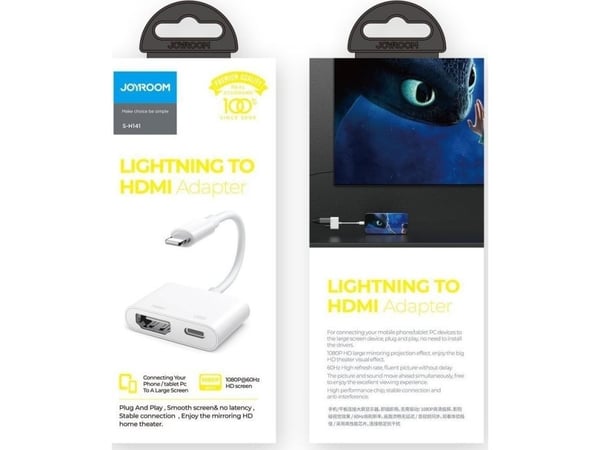 AV-adapter Joyroom Joyroom-adapter Lightning (hann) til digital HDMI (hun) + Lightning (hun) adapter FullHD 1080p 60Hz hvit (S-H141 hvit)