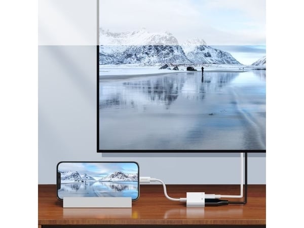 AV-adapter Joyroom Joyroom-adapter Lightning (hann) til digital HDMI (hun) + Lightning (hun) adapter FullHD 1080p 60Hz hvit (S-H141 hvit)