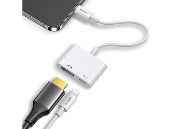 AV-adapter Joyroom Joyroom-adapter Lightning (hann) til digital HDMI (hun) + Lightning (hun) adapter FullHD 1080p 60Hz hvit (S-H141 hvit)