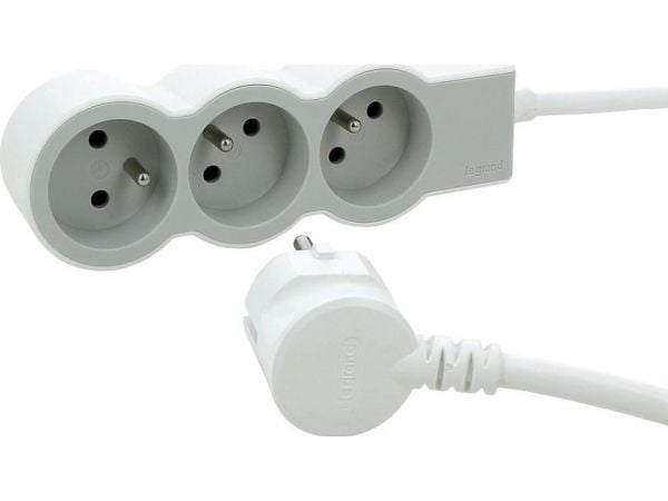 Förlängningskabel standard 3x2P+Z 3m vit-grå